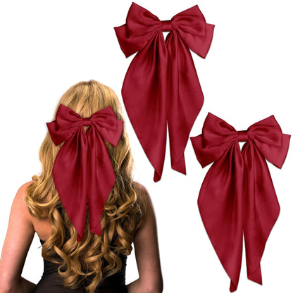 2Pcs Red Hair Bows for Women – Soft Silky Long Tail Ribbons, Big Cute Hair Bows with Metal Clips, Elegant Hair Accessories for Styling & Daily Wear