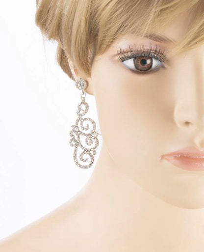 Elegant Bridal Wedding Crystal Rhinestone Swirl Vintage Dangle Earrings - Silver