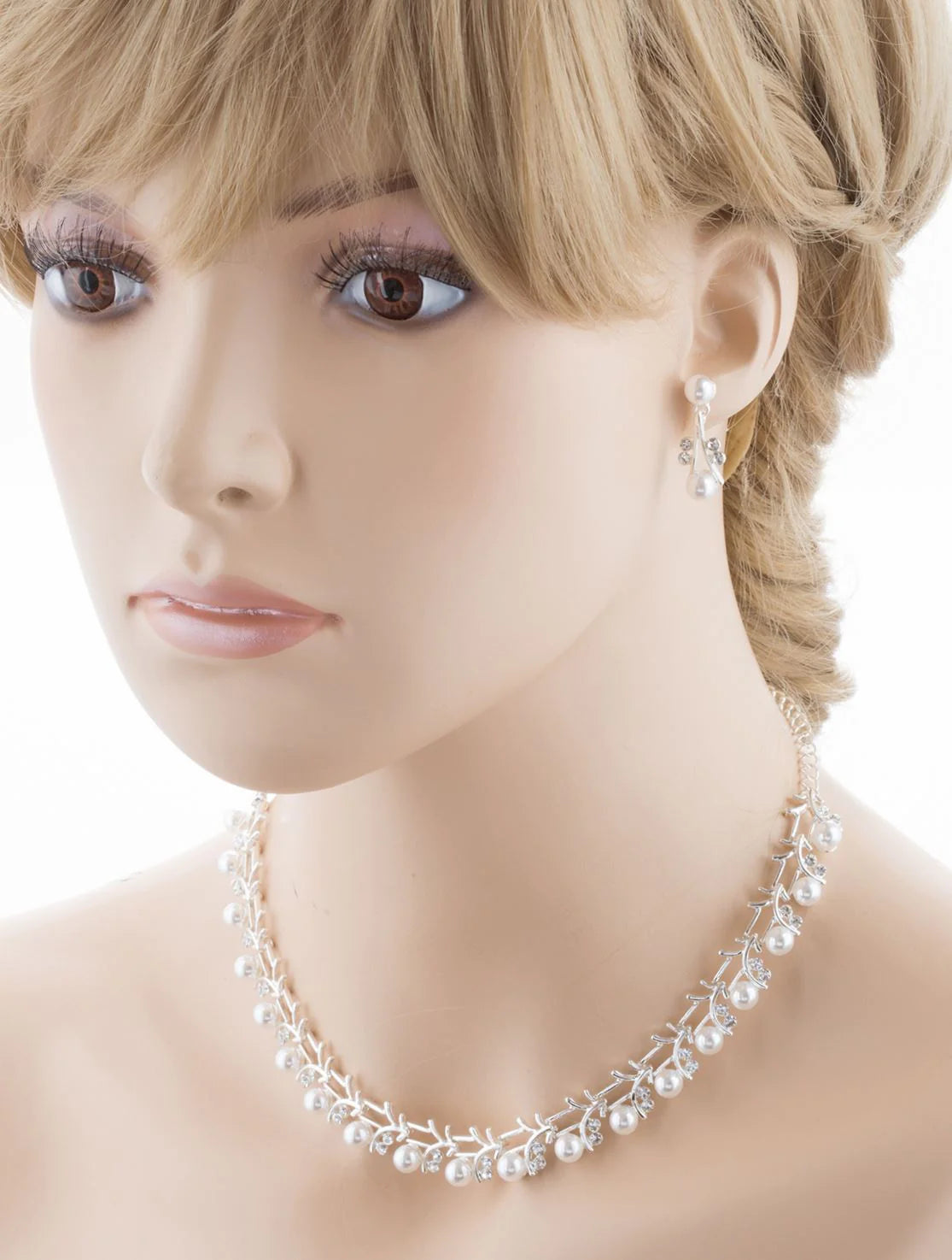 Bridal Wedding Jewelry Set Crystal Rhinestone Pearl Sophisticated Silver White