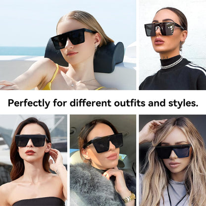 Square Oversized Sunglasses for Women , Fashion Flat Top Big Black Frame Shades