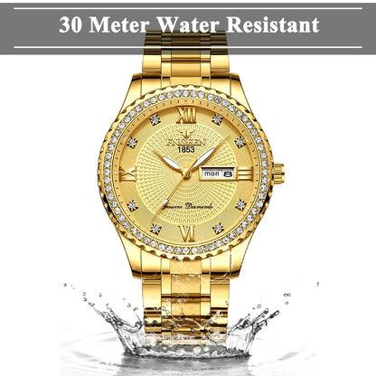 Classic Men's Gold Diamond Watch – Stainless Steel Waterproof Quartz Analog Dress Wristwatch