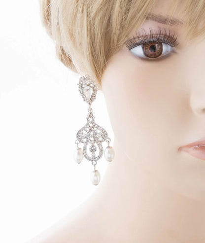 Elegant Crystal Rhinestone Pearl Vintage Dangle Earrings - White Bridal Jewelry